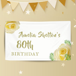 Yellow Roses Floral 80th Birthday Party Backdrop Banner