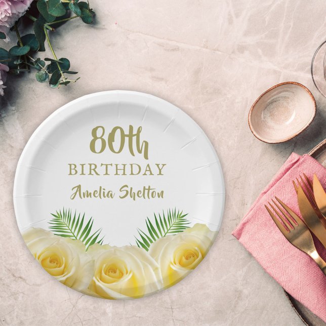 Yellow Roses Floral 80th Birthday Party Paper Plate (Creator Uploaded)