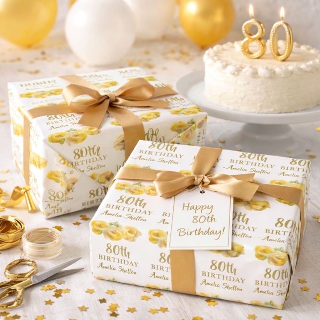 Yellow Roses Floral 80th Birthday Party Wrapping Paper (Creator Uploaded)