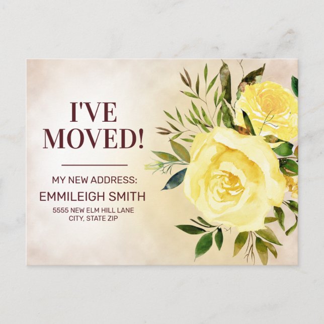 Yellow Roses Floral Foliage Change Address  Announcement Postcard (Front)