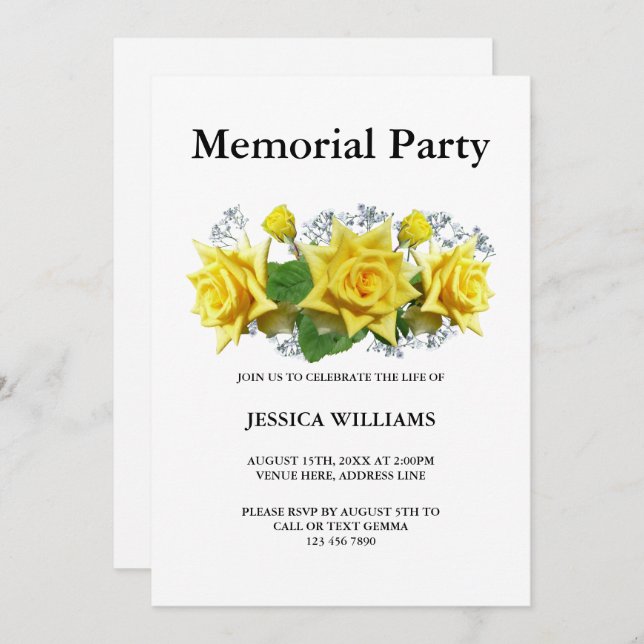 Yellow Roses Floral  Memorial Party Invitation (Front/Back)