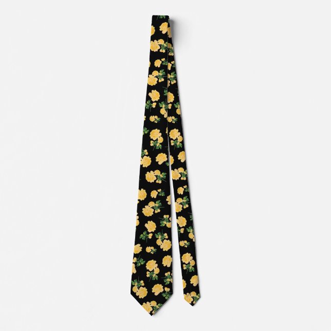 Yellow roses Floral pattern on black Tie (Front)