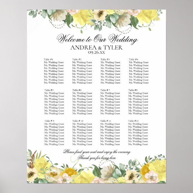 Yellow Roses Floral Seating Chart (Front)