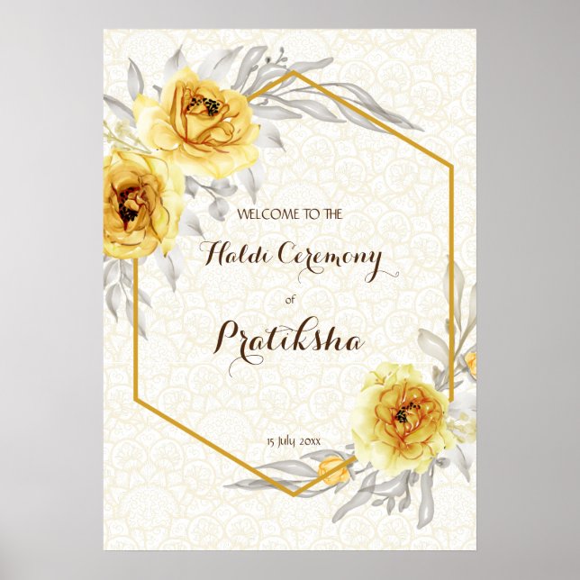 Yellow roses geometric personalised Haldi welcome  Poster (Front)