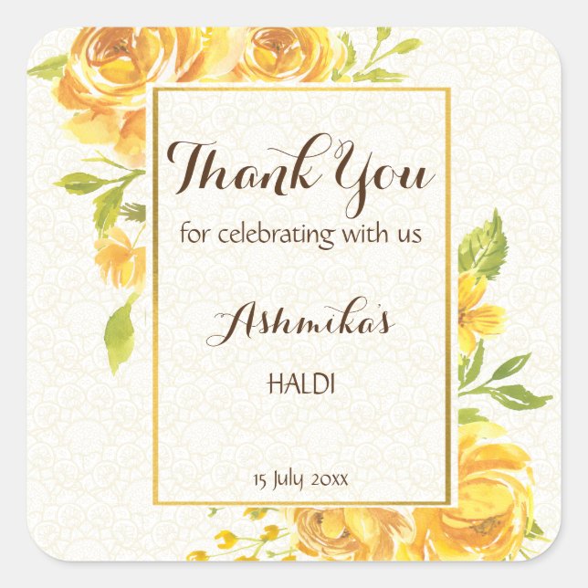 Yellow roses golden frame Haldi personalised favou Square Sticker (Front)