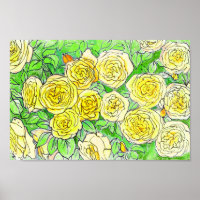 Yellow Roses, Green Leaves Rose Garden Floral Art 