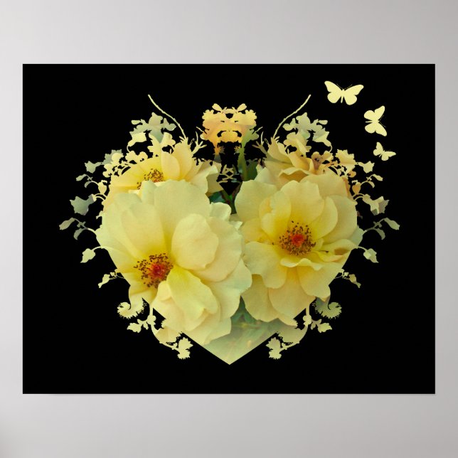 Yellow Roses Heart on Black Poster (Front)