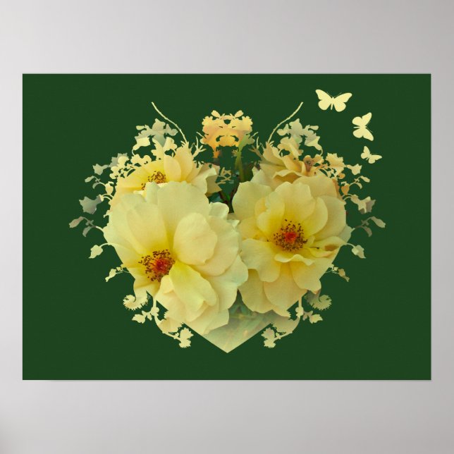 Yellow Roses Heart on Green Poster (Front)