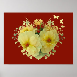 Yellow Roses Heart on Red Poster