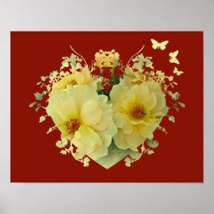 Yellow Roses Heart on Red Poster