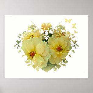Yellow Roses Heart on White Poster