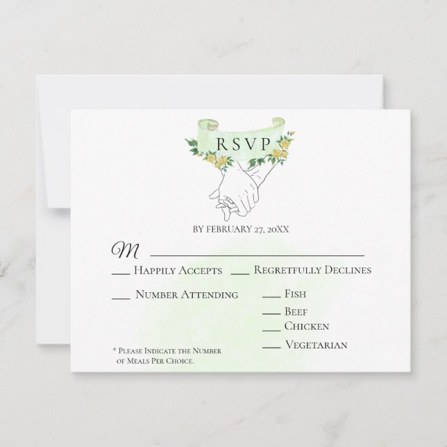 *~* Yellow Roses Holding Hands Wedding RSVP (Front)