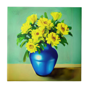 Yellow Roses in a Blue Vase Boho Art Ceramic Tile