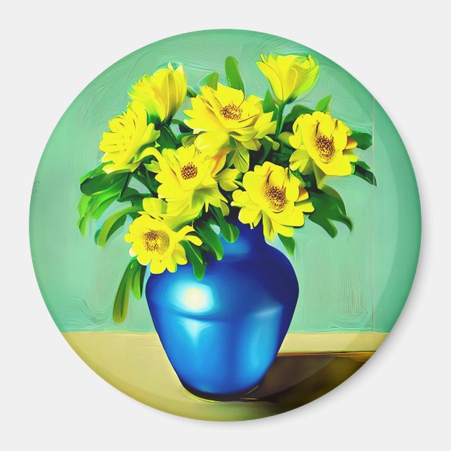 Yellow Roses in a Blue Vase Boho Art Magnet (Front)