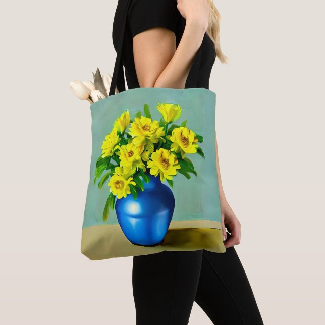 Yellow Roses in a Blue Vase Boho Art Tote Bag (Close Up)