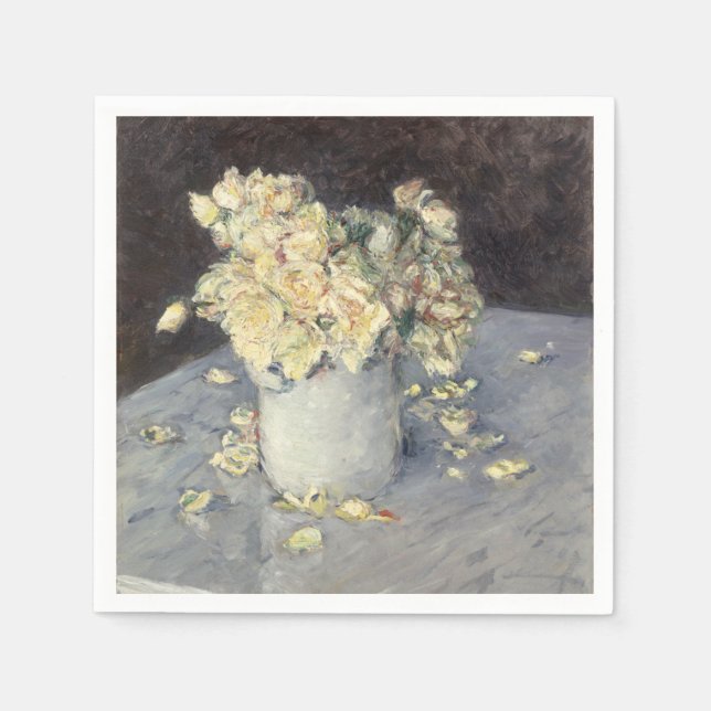 Yellow Roses in a Vase by Caillebott Impressionist Napkin (Front)