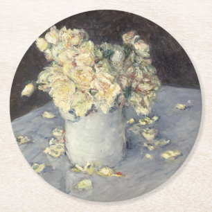 Yellow Roses in a Vase by Caillebott Impressionist Round Paper Coaster