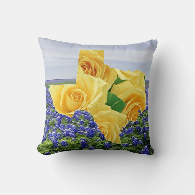 Yellow Roses In Shape Of Texas On Bluebonnets Cushion (Front)