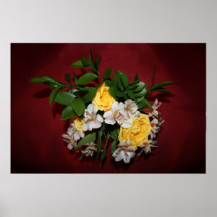 Yellow Roses & Lilacs on Red Poster