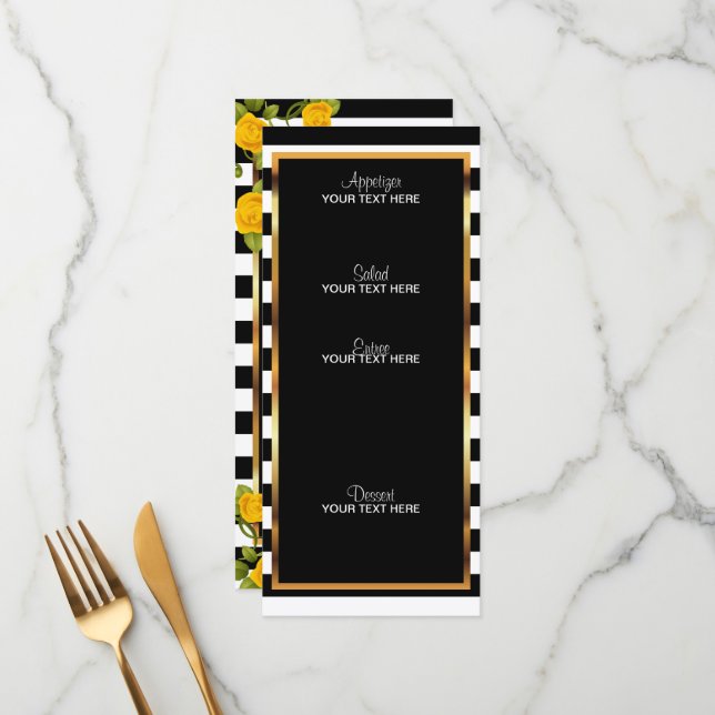 Yellow Roses on Black and White Stripes Menu (Front/Back In Situ)