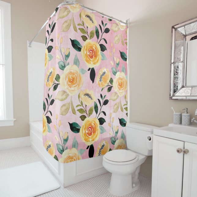 Yellow Roses on Faded Coral Shower Curtain (In Situ)