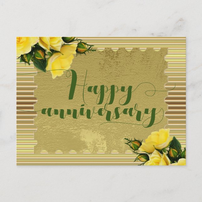 Yellow Roses On Gold Background Happy Anniversary Postcard (Front)