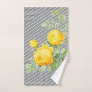 Yellow Roses on Grey Stripes Hand Towel