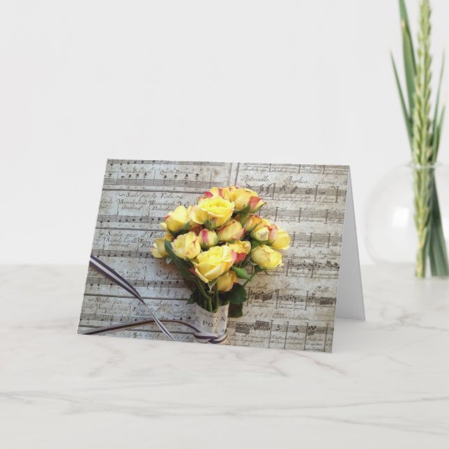 Yellow roses on old music Valentine Holiday Card (Front)