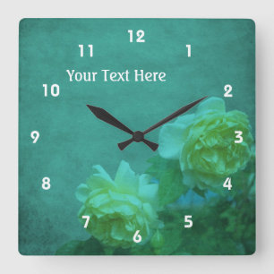 Yellow Roses On Turquoise Square Wall Clock