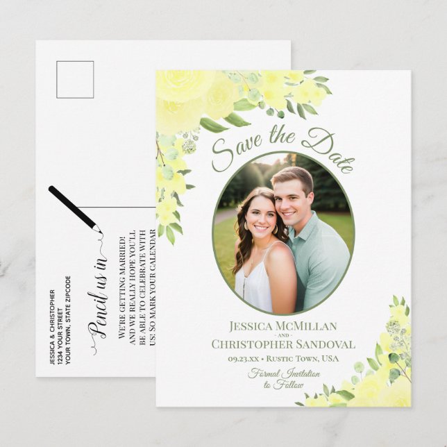 Yellow Roses Oval Photo Boho Wedding Save the Date Announcement Postcard (Front/Back)