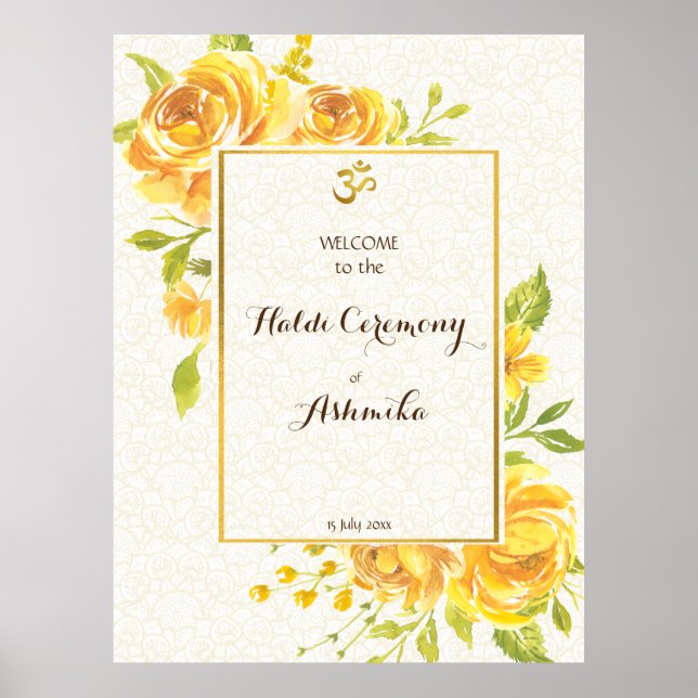 Yellow roses personalised name Haldi welcome sign (Front)