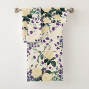 Yellow Roses Purple Venus'Mirror Bath Towel Set