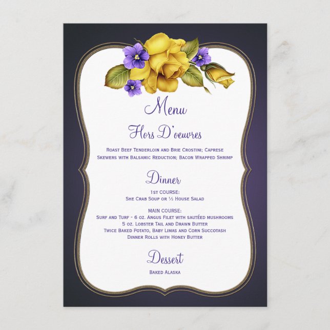 Yellow Roses Purple Violets Gold Frame Menu (Front)