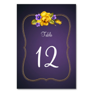 Yellow Roses Purple Violets Gold Frame Table Number