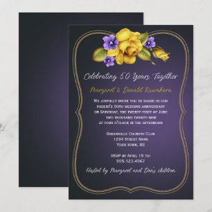 Yellow Roses Purple Violets Gold Ornate Frame Invitation