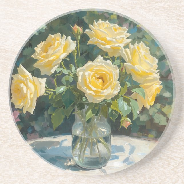 Yellow Roses Vase Impressionism  Coaster (Front)