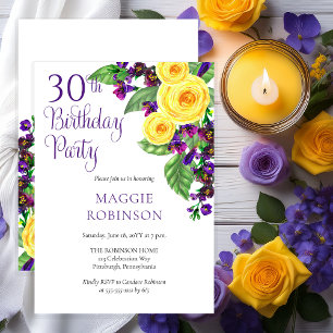 Yellow Roses Violet 30th Wedding Birthday Party Invitation