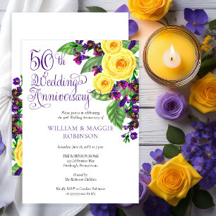 Yellow Roses Violet 50th Wedding Anniversary Party Invitation