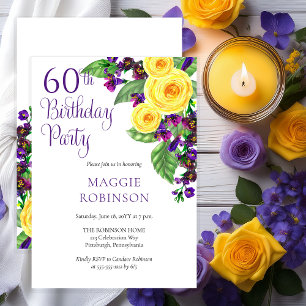 Yellow Roses Violet 60th Wedding Birthday Party Invitation