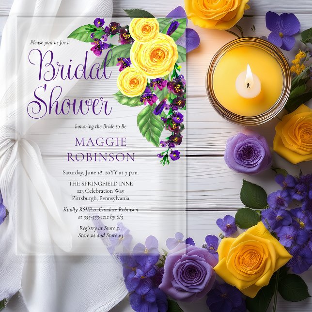 Yellow Roses | Violets Boho Floral Bridal Shower Acrylic Invitations (Elegant Yellow Roses and Purple Violets Boho Floral Bridal Shower Acrylic Invitation)
