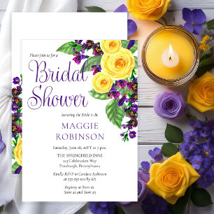 Yellow Roses   Violets Boho Floral Bridal Shower Invitation