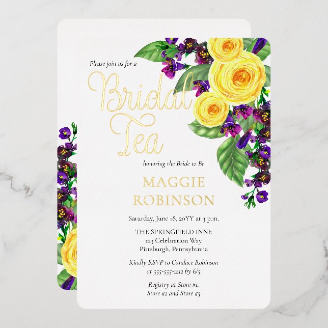 Yellow Roses | Violets Boho Floral Bridal Tea Foil (Front/Back)
