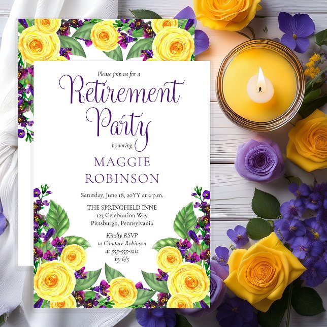 Yellow Roses |Violets Boho Floral Retirement Party Invitation (Elegant Yellow Roses and Purple Violets Floral Retirement Party Invitation - Print | Digital)
