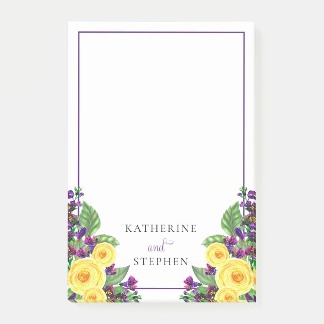 Yellow Roses | Violets Boho Floral Wedding Details Post-it Notes (Front)