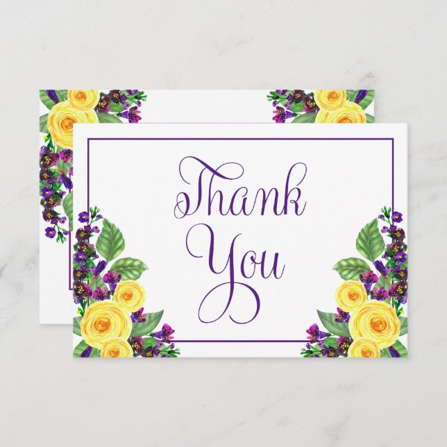 Yellow Roses | Violets Boho Floral Wedding  Thank You Card (Front/Back)