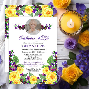 Yellow Roses  Violets Floral Celebration of Life I Invitation