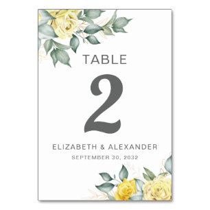 Yellow roses watercolor floral romantic wedding table number