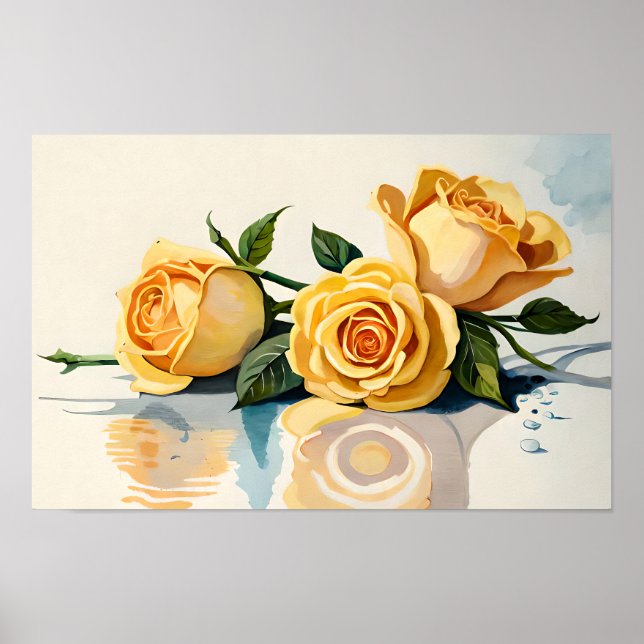 Yellow Roses Watercolor Flower Art Poster (Front)