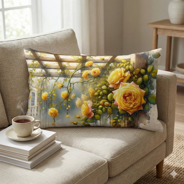 Yellow Roses Watercolor Garden Lumbar Cushion (Yellow Roses Watercolor Garden Lumbar Pillow Mockup A)