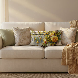 Yellow Roses Watercolor Garden Metal Print Lumbar Cushion